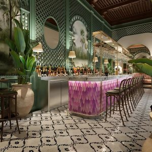 gạch mosaic trắng đen lát sàn quán bar cao cấp kết hợp gạch trang trí quầy bar