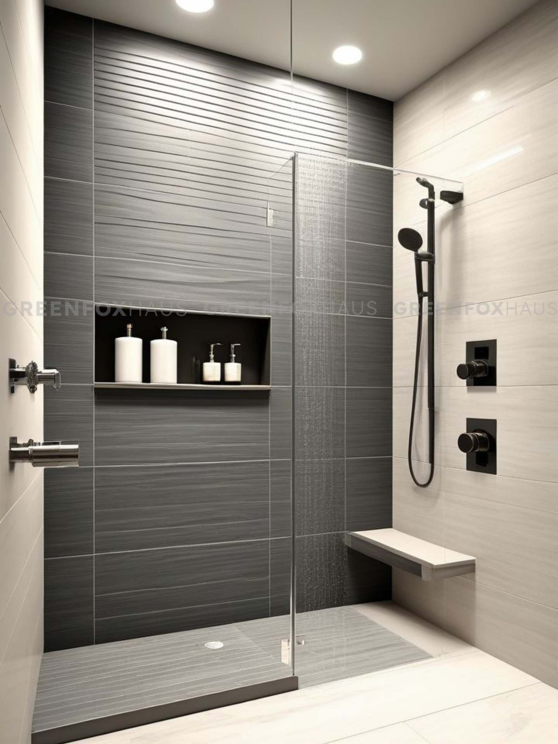 gạch ốp tường nhà tắm màu xám vân xi măng hiện đại kết hợp vách kính