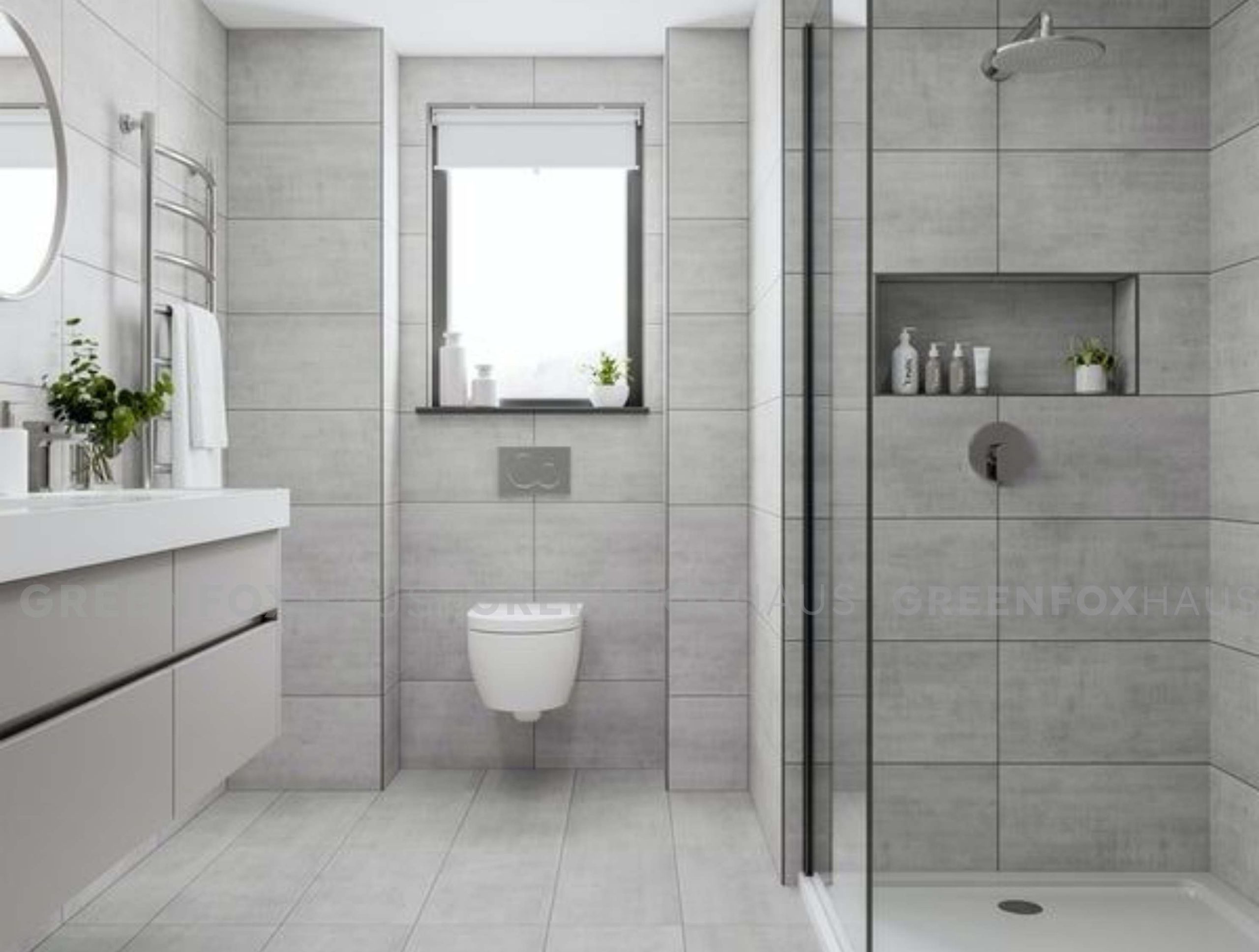 mẫu gạch ốp nhà tắm màu xám sáng vân nhẹ không gian tối giản