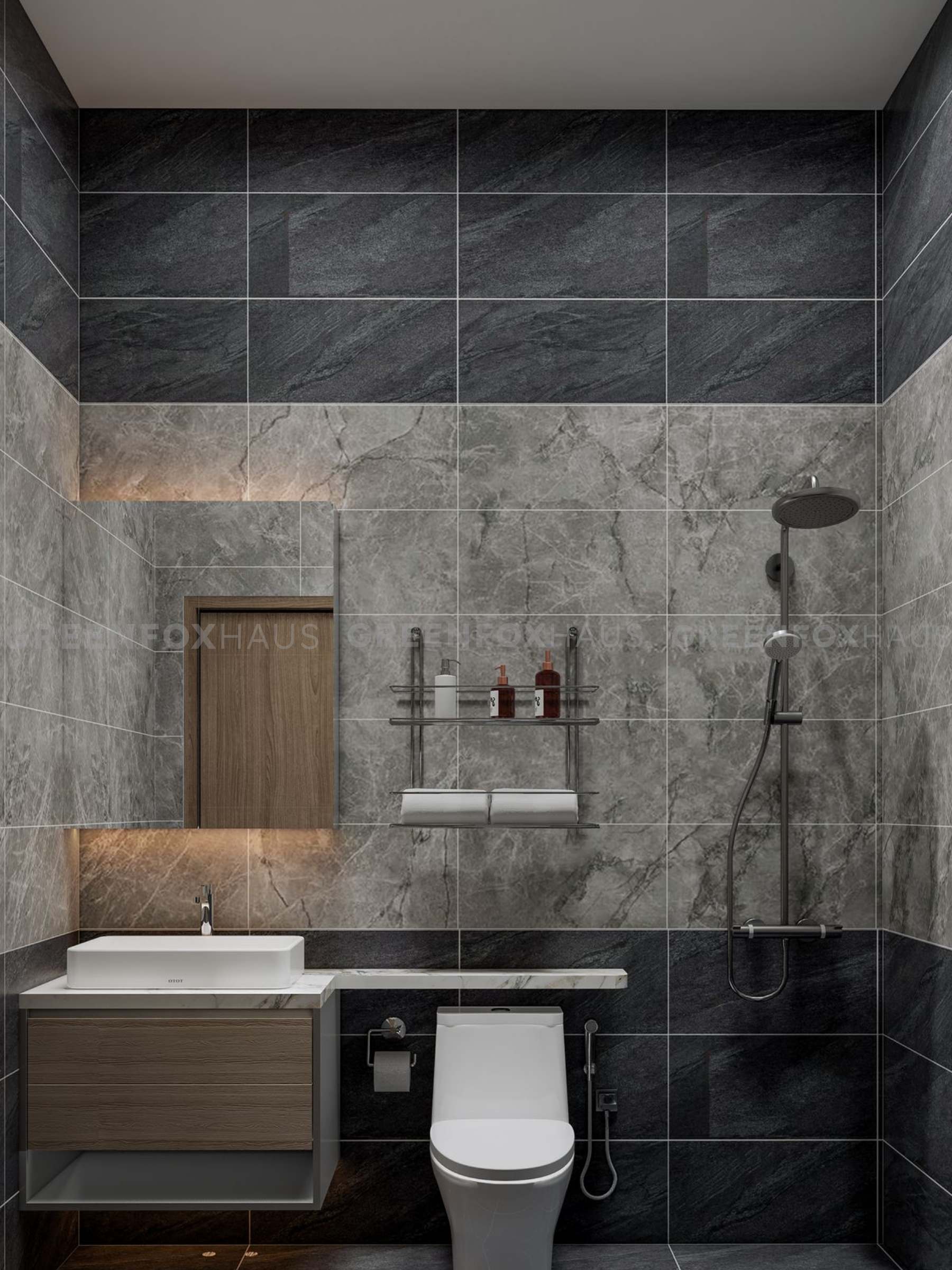 gạch ốp tường nhà tắm vân đá marble xám phối mảng tối tạo điểm nhấn