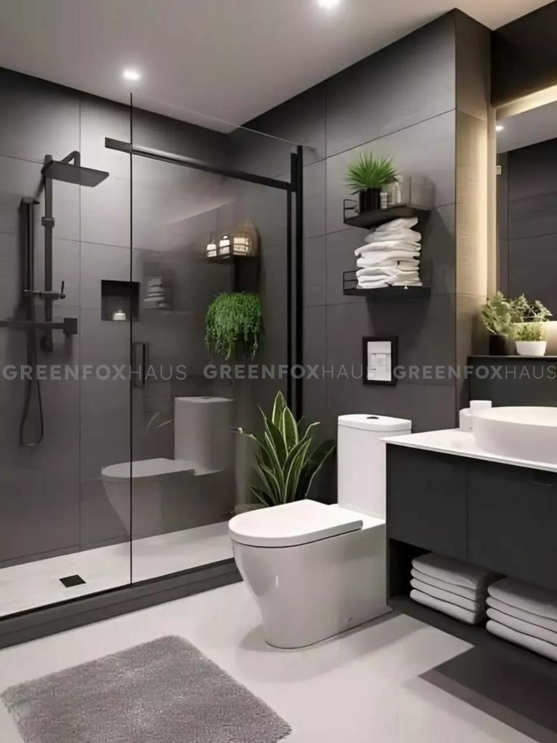 gạch ốp nhà vệ sinh màu xám đậm phong cách hiện đại kết hợp nội thất đen