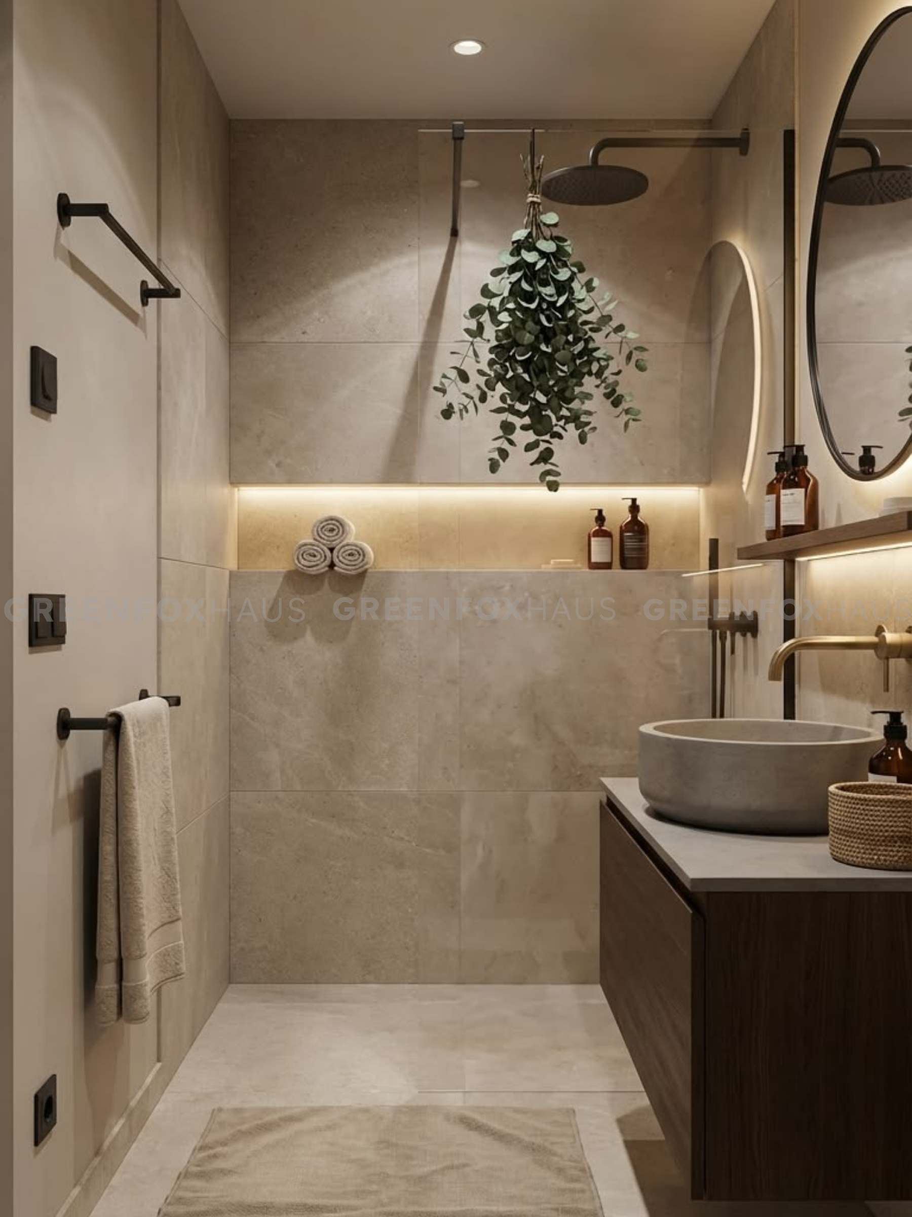 gạch ốp tường nhà vệ sinh màu be xi măng kết hợp ánh sáng vàng ấm