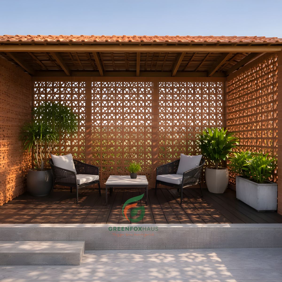 hàng rào bông gió ngoài trời, tường gạch bông gió xi măng giúp cân bằng áp suất gió và tăng độ bền kết cấu