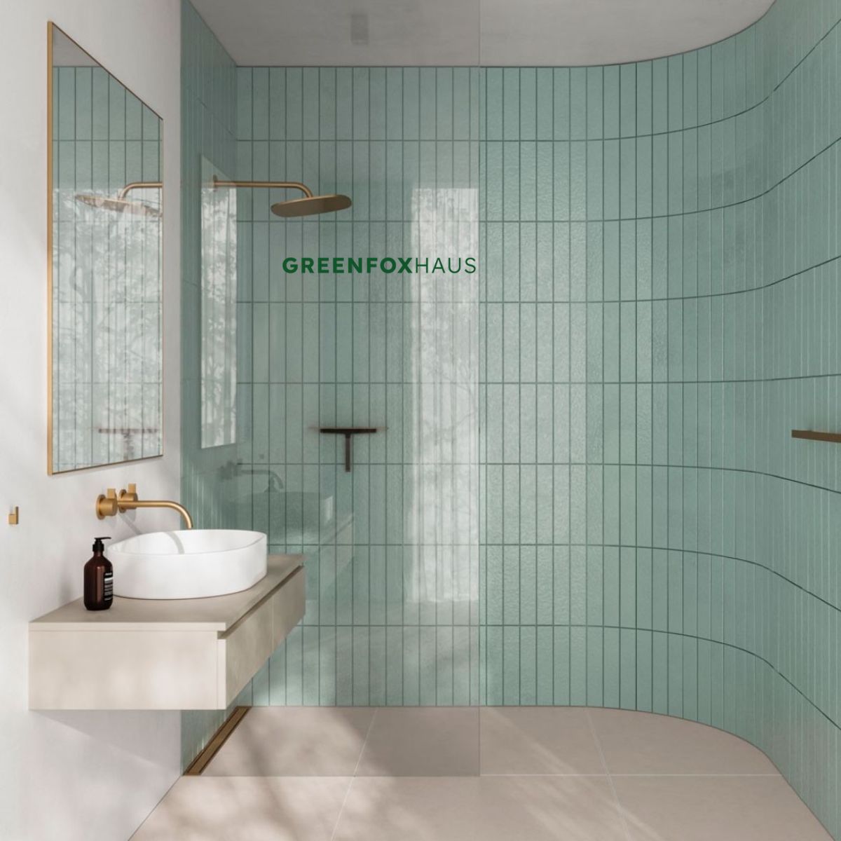 gạch thẻ xanh ốp tường phòng tắm với bề mặt cong và hệ ron đều chống thấm