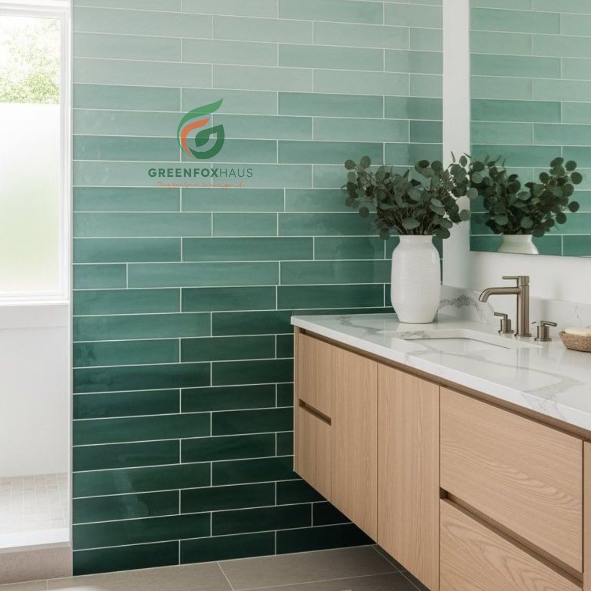 gạch thẻ xanh gradient ốp tường phòng tắm theo kiểu so le tạo hiệu ứng chuyển màu