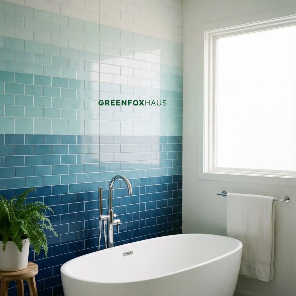 gạch thẻ xanh dương ốp so le trong phòng tắm với hiệu ứng chuyển sắc và ánh sáng tự nhiên