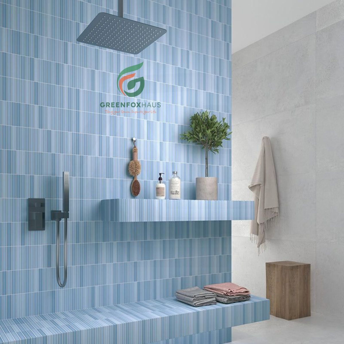 gạch thẻ xanh sọc ốp thẳng hàng phòng tắm tạo hiệu ứng kéo dài không gian
