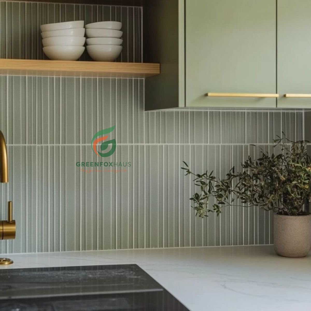 gạch thẻ xanh nhạt ốp thẳng hàng backsplash bếp tạo bề mặt liền mạch