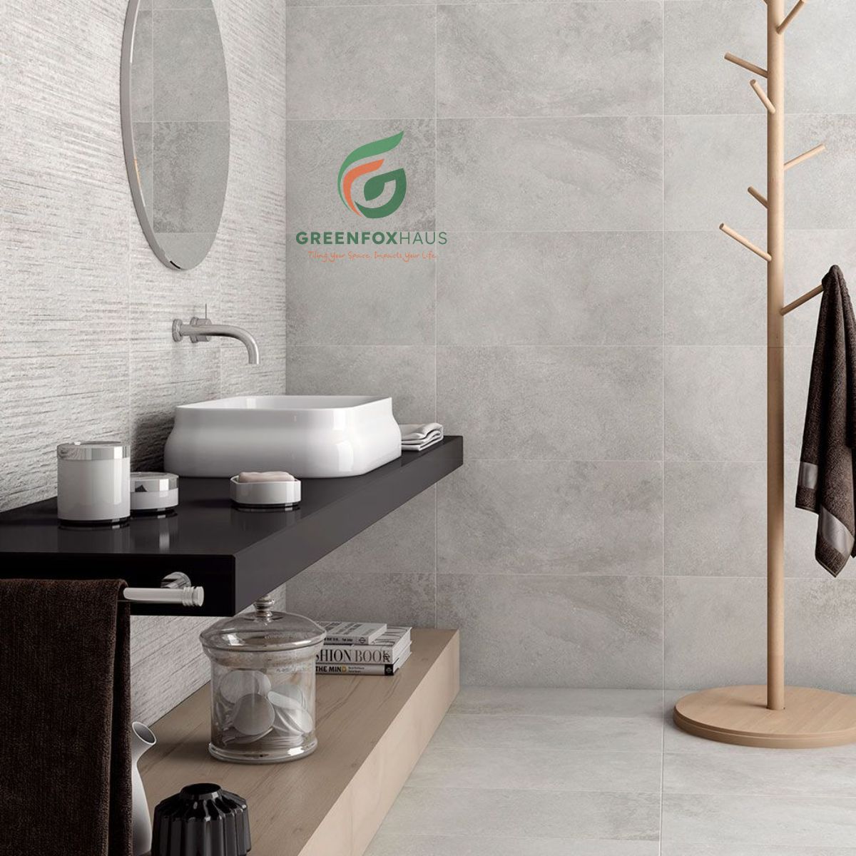 gạch ốp nhà vệ sinh 30x60 vân xi măng xám, ốp tường kịch trần phòng tắm hiện đại