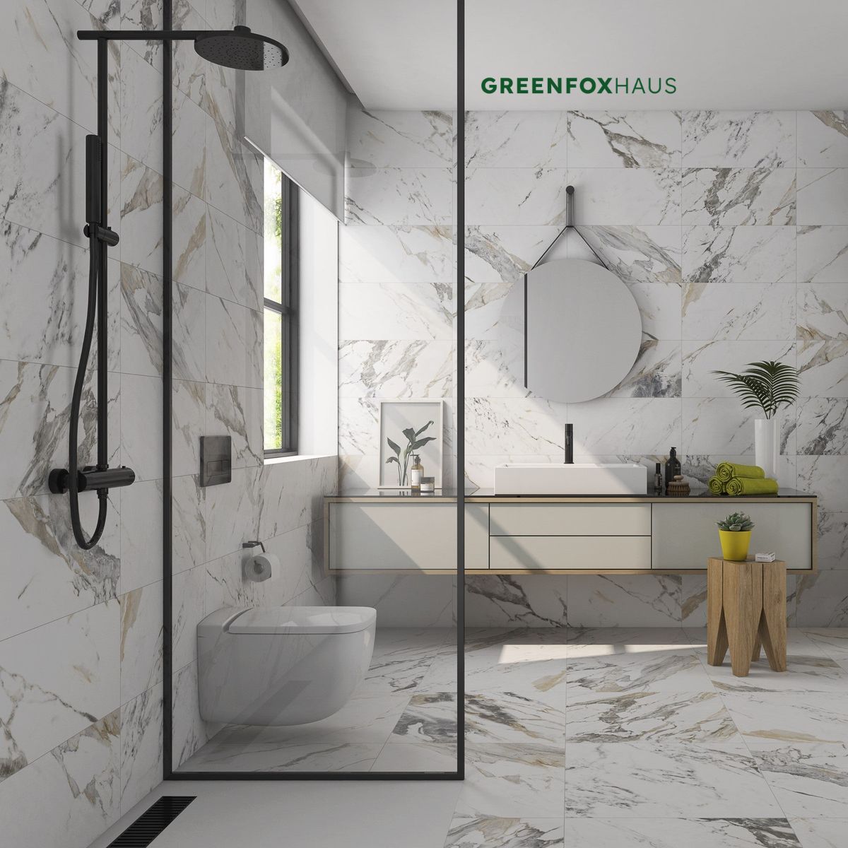 gạch ốp nhà vệ sinh 30x60 vân đá marble, phòng tắm kính hiện đại lát nền đồng bộ