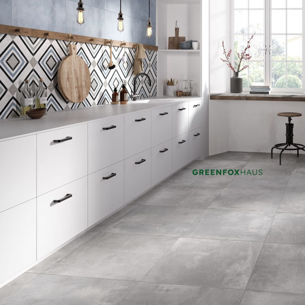 gạch lát nền 80x80 màu xám phối keo chà ron cùng màu tạo hiệu ứng sàn liền mạch