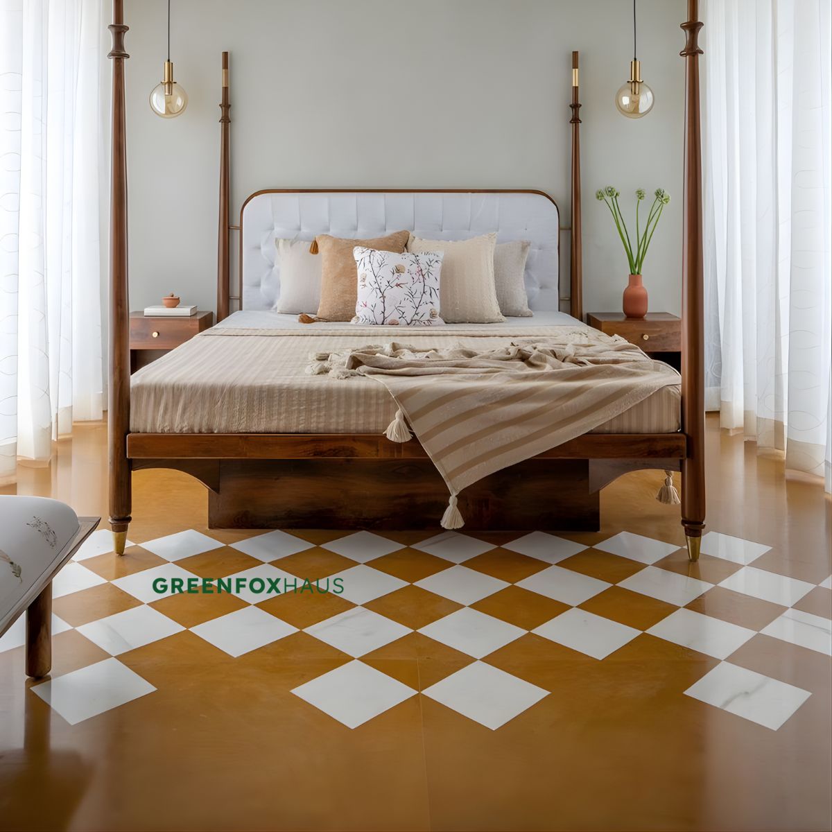 gạch lát nền 80x80 họa tiết caro trắng vàng cho phòng ngủ hiện đại sang trọng