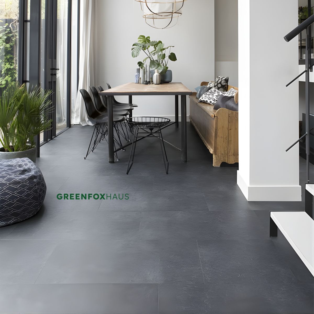 gạch lát nền màu xám đậm phong cách hiện đại làm nổi bật nội thất phòng ăn