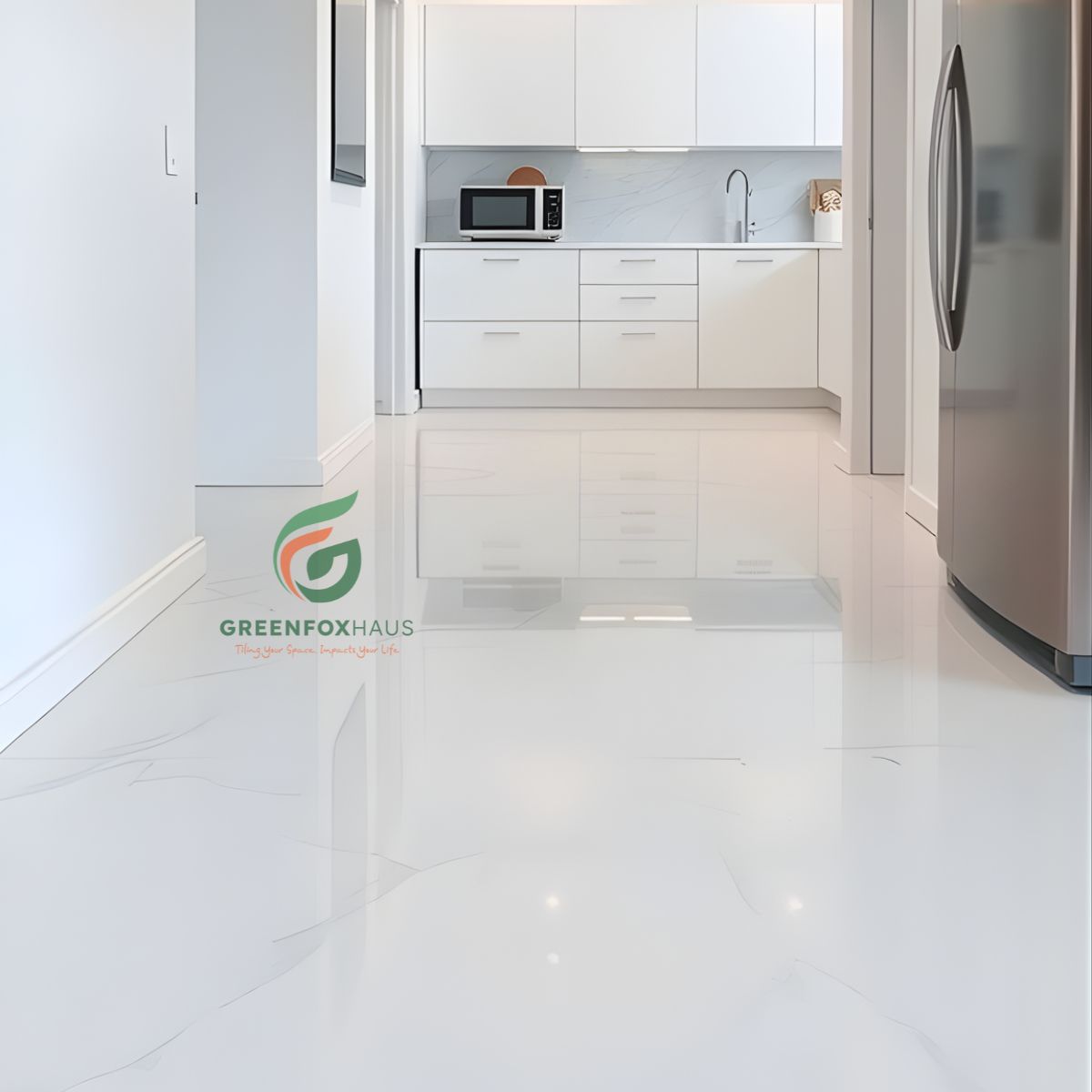 gạch lát nền trắng bóng kiếng dễ vệ sinh cho không gian bếp hiện đại