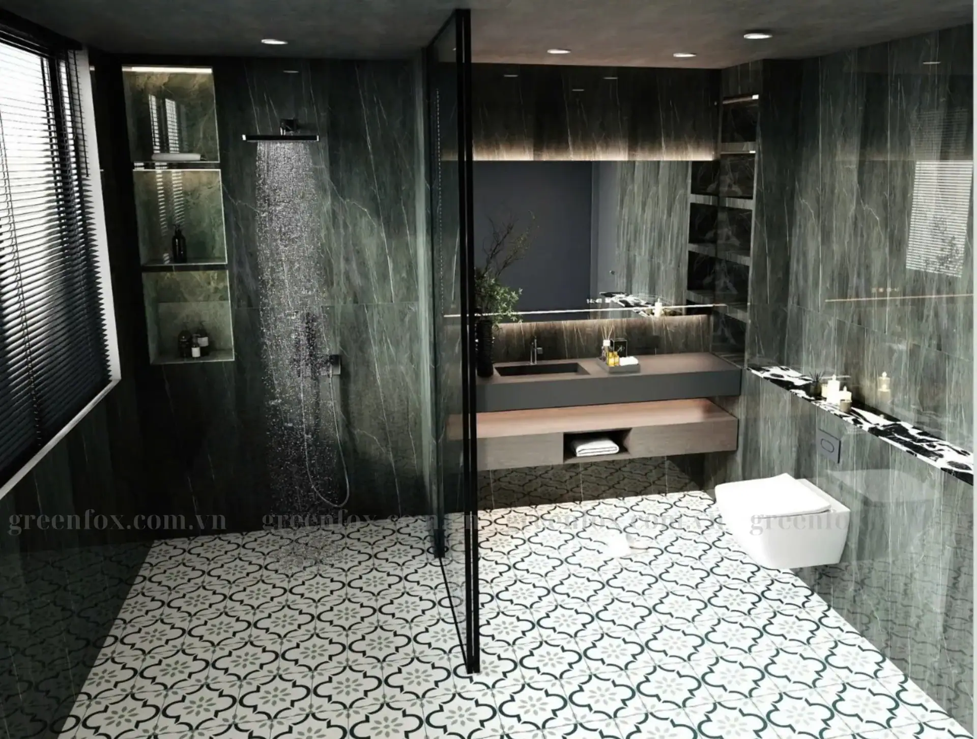 GẠCH BÔNG PORCELAIN MATT HỌA TIẾT HOA THỊ XANH SAGE GF85.3023 (300x300mm)