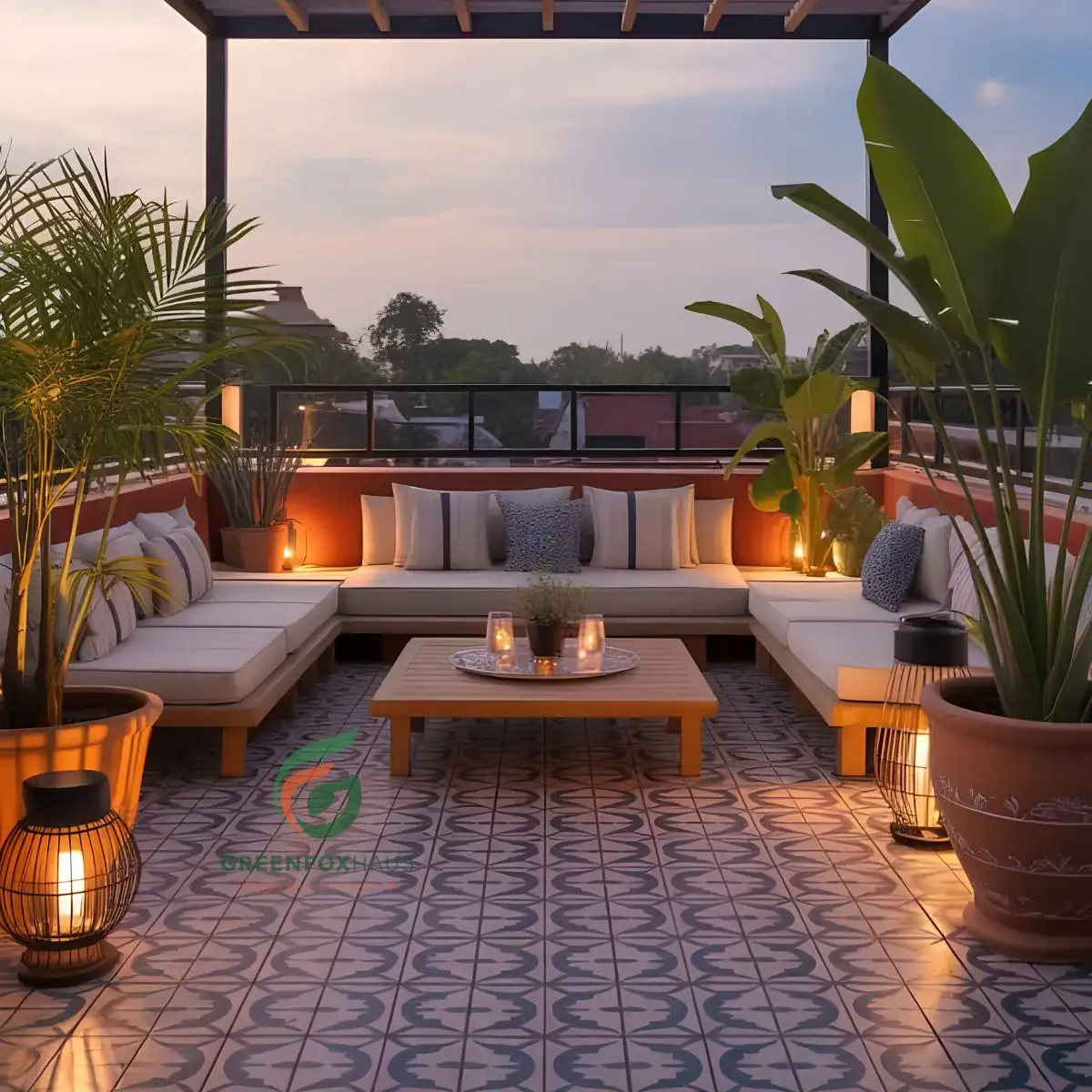 Gạch lót sân họa tiết gạch bông cổ điển phong cách Indochine cho góc chill ban đêm