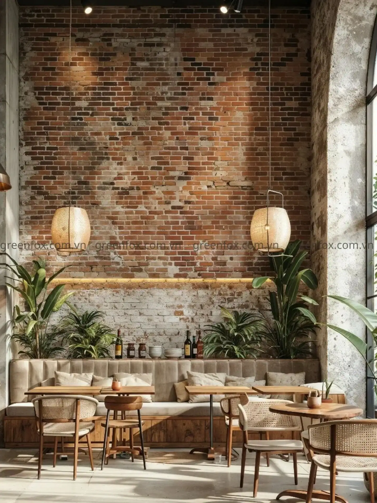 Gạch giả cổ tạo điểm nhấn cho mảng tường cao thông tầng, mang đến vẻ đẹp rustic – industrial phù hợp với nhà hàng, café và không gian hospitality cao cấp.