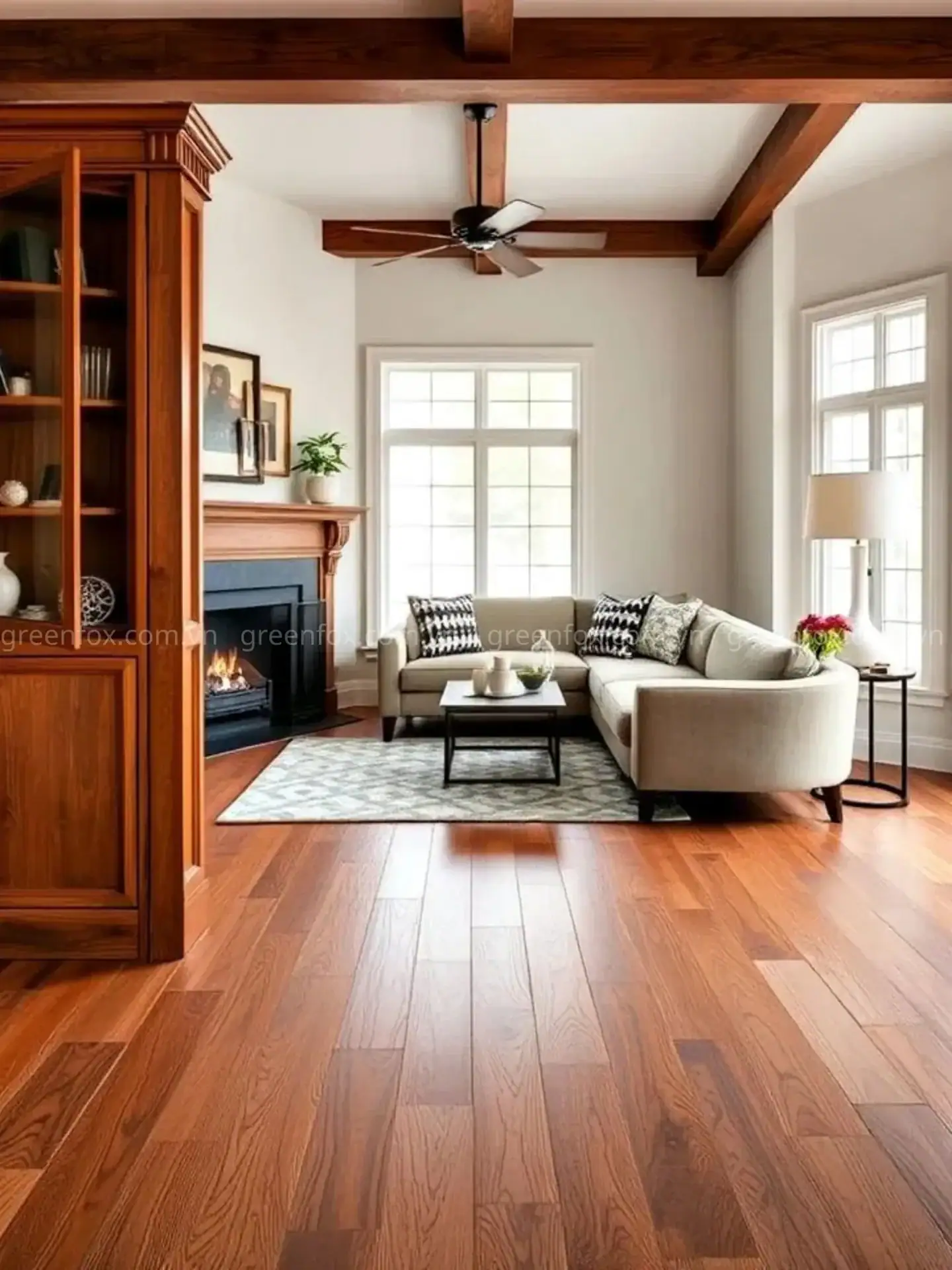 Gạch giả gỗ màu nâu đỏ lát phòng khách phong cách classic hiện đại sang trọng