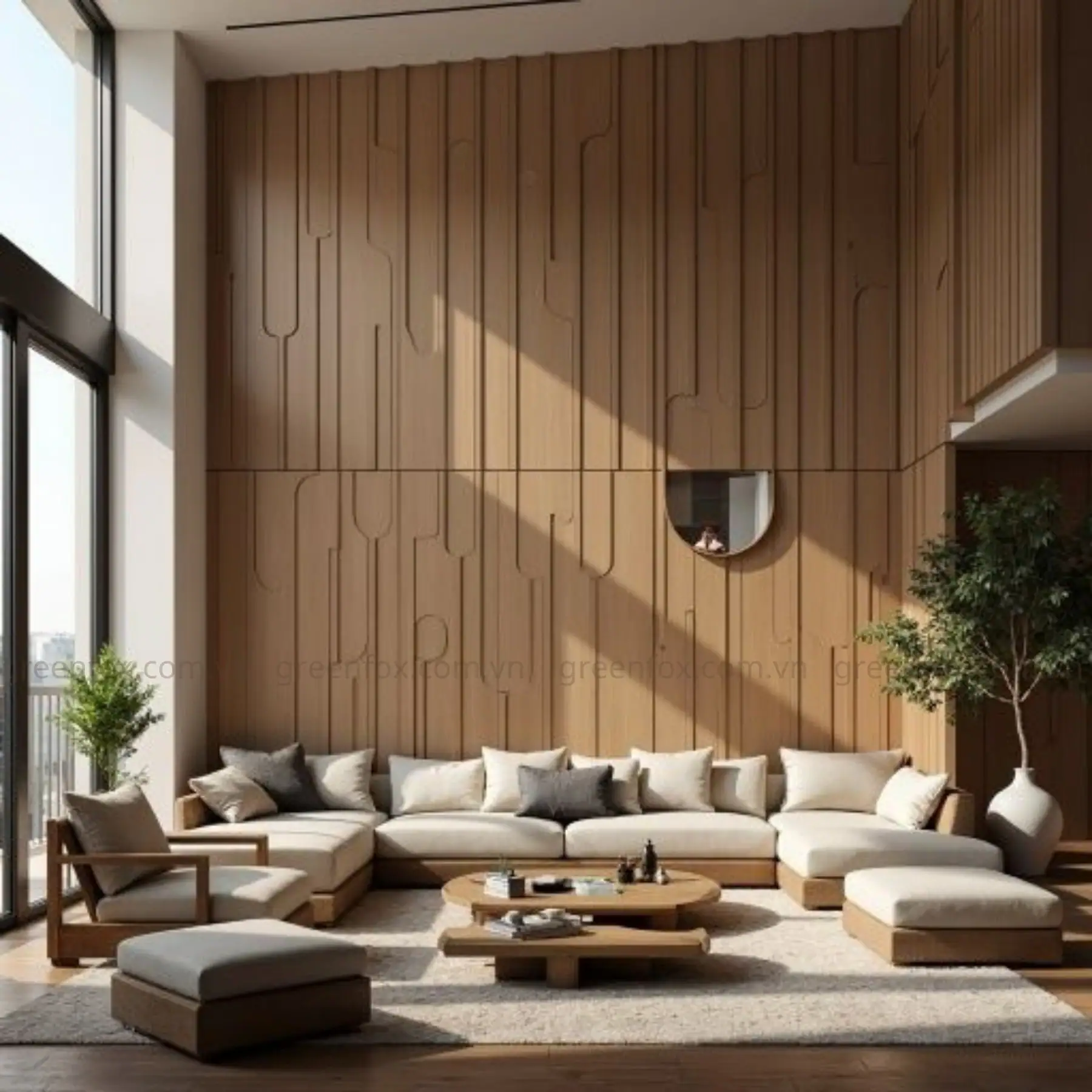 Ốp tường giả gỗ tông nâu sáng là lựa chọn phù hợp cho không gian trần cao, giúp tăng cảm giác ấm áp mà không gây nặng nề.