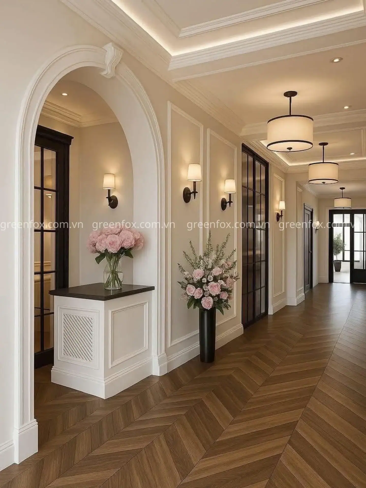 Gạch giả gỗ màu walnut lát xương cá cho hành lang biệt thự phong cách luxury hiện đại