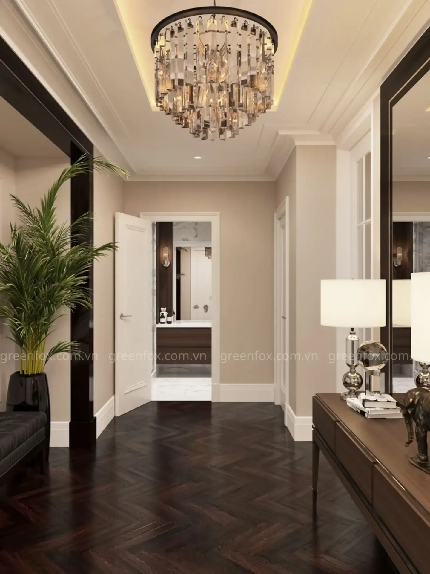 Gạch giả gỗ lát xương cá là lựa chọn lý tưởng cho khu vực hành lang, mang lại vẻ thanh lịch và cảm giác không gian rộng hơn.