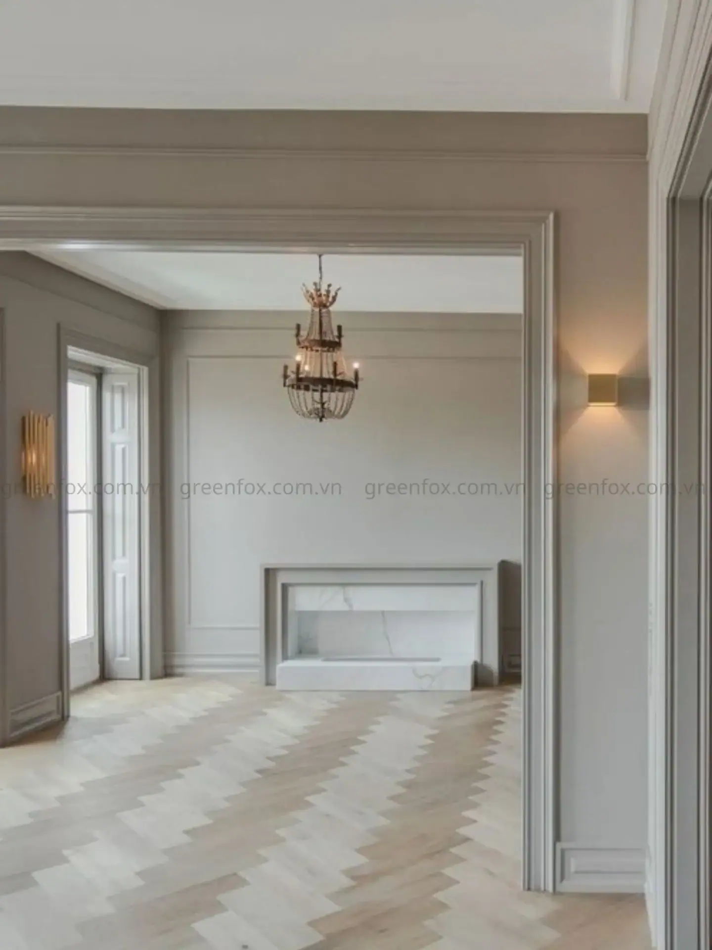 Gạch giả gỗ lát herringbone đặc biệt phù hợp với phong cách tân cổ điển nhờ khả năng tôn lên vẻ sang trọng và cân đối của không gian.