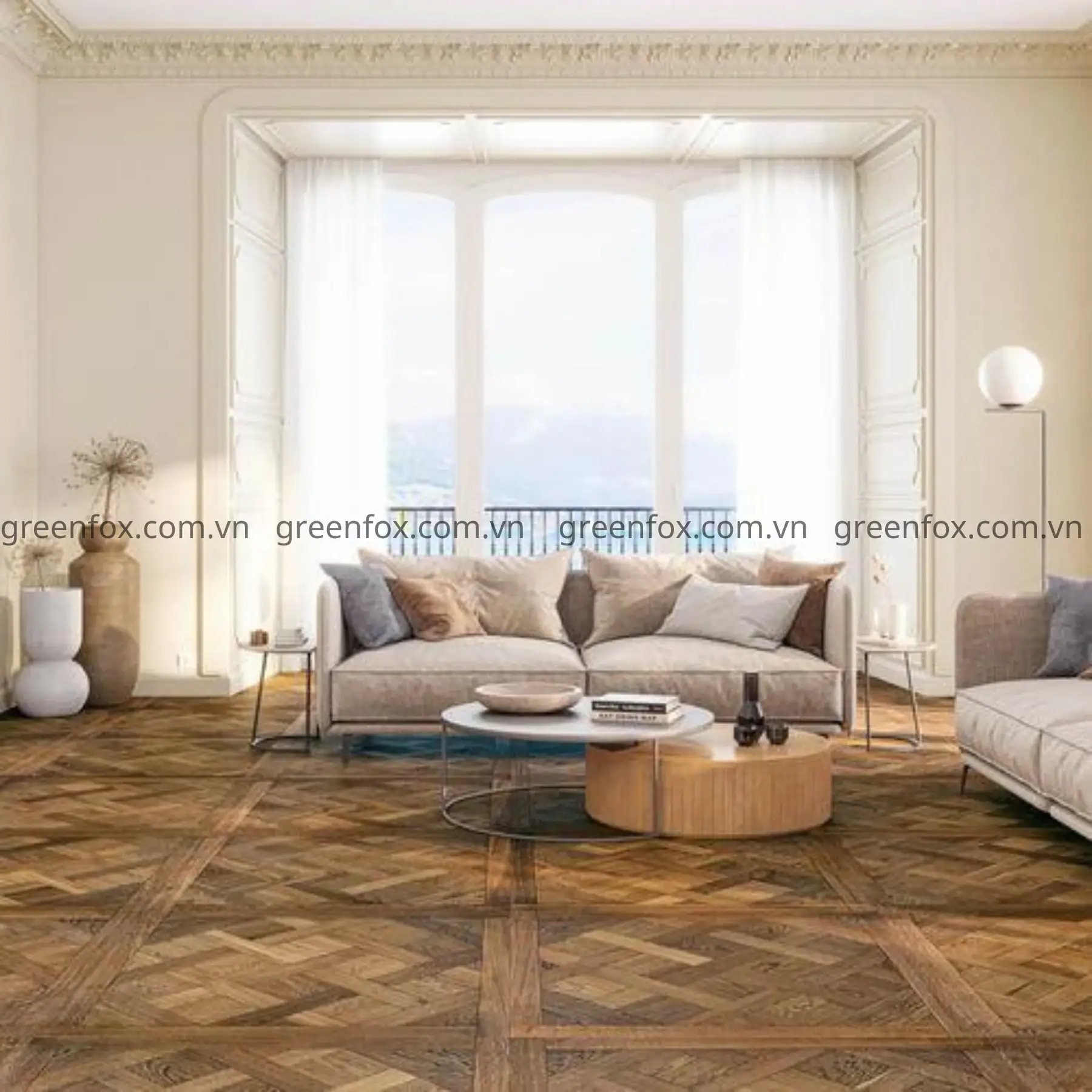 Phòng khách phong cách tân cổ điển sử dụng gạch giả gỗ lát Square Pattern màu gỗ tự nhiên, mang đến vẻ đẹp sang trọng và ấm cúng.
