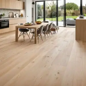 Gạch giả gỗ màu oak sáng lát nền phòng bếp hiện đại phong cách Scandinavian.