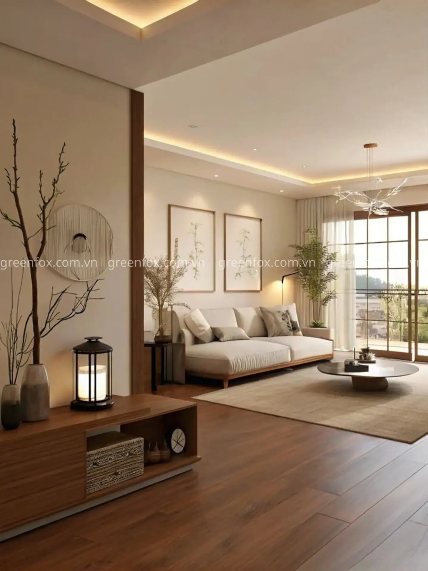 Phòng khách Japandi sử dụng gạch giả gỗ màu nâu tự nhiên cho không gian hiện đại và tinh tế.