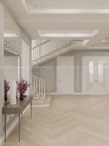 Không gian nội thất tân cổ điển sử dụng gạch giả gỗ màu sáng lát xương cá cao cấp.