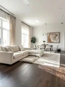 Gạch giả gỗ màu nâu đậm lát nền phòng khách hiện đại với nội thất tối giản và ánh sáng tự nhiên.