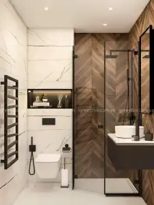 Gạch giả gỗ màu nâu ốp tường phòng tắm kết hợp gạch marble trắng hiện đại và sang trọng.