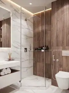 Gạch giả gỗ màu nâu vân tự nhiên ứng dụng ốp tường phòng tắm hiện đại phối marble trắng.
