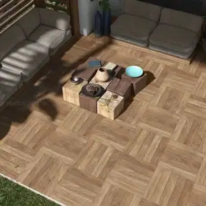Gạch giả gỗ màu nâu sáng lát sân ngoài trời kiểu parquet chống trơn và bền đẹp.