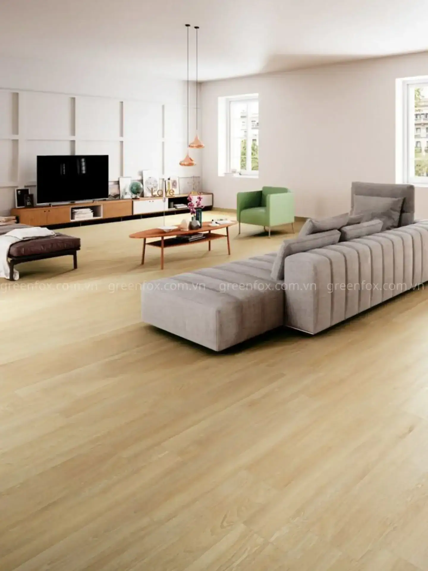 Gạch giả gỗ xương porcelain tái hiện vẻ đẹp của sàn gỗ tự nhiên, chống cong vênh và phù hợp khí hậu Việt Nam.