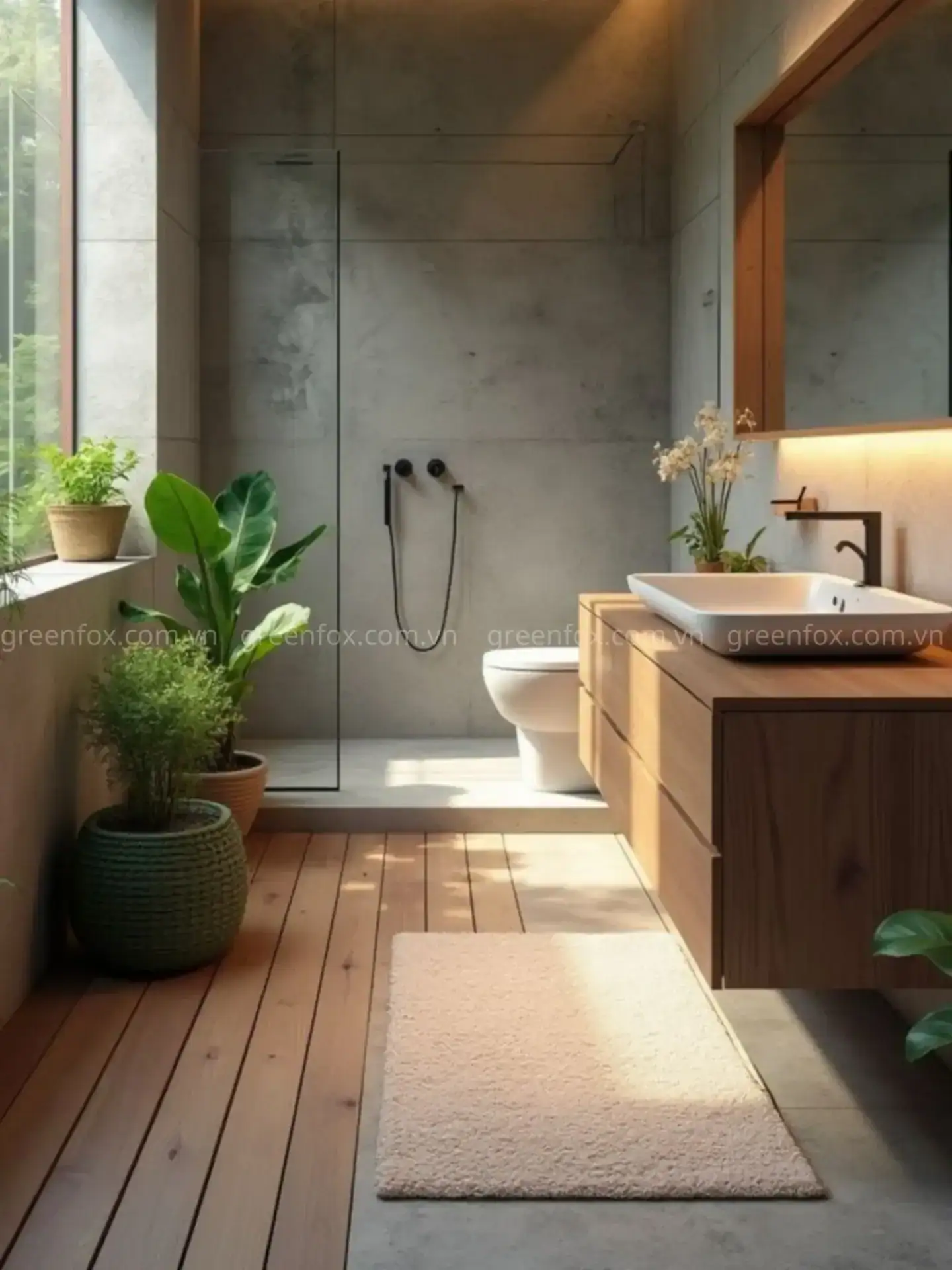 Ứng dụng gạch giả gỗ lát nền trong không gian hiện đại, kết hợp thẩm mỹ sang trọng và khả năng sử dụng bền bỉ.