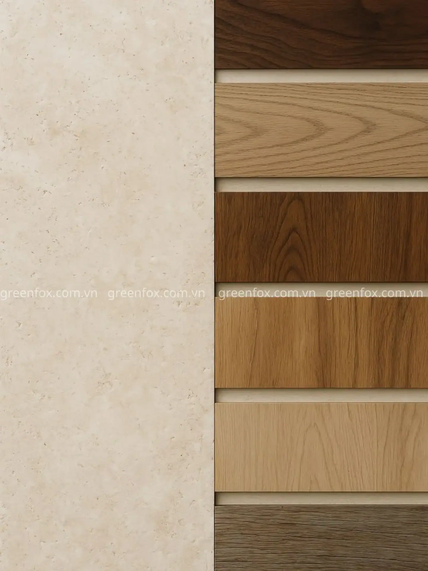 Bảng màu gạch vân gỗ cao cấp gồm tone oak sáng, walnut đậm và nâu tự nhiên hiện đại.