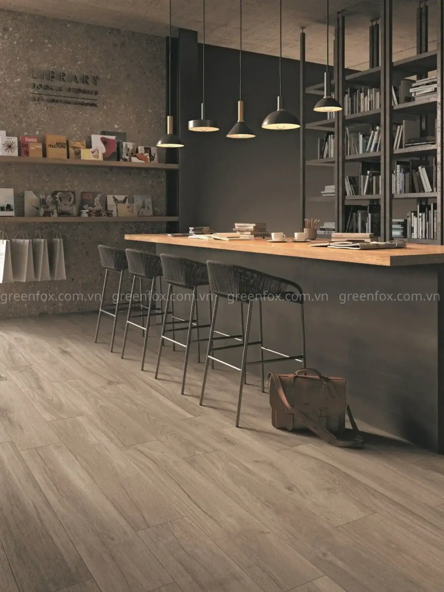 Gạch giả gỗ tone xám mang lại cảm giác hiện đại và cá tính, phù hợp cho showroom, quán cafe và không gian thương mại.