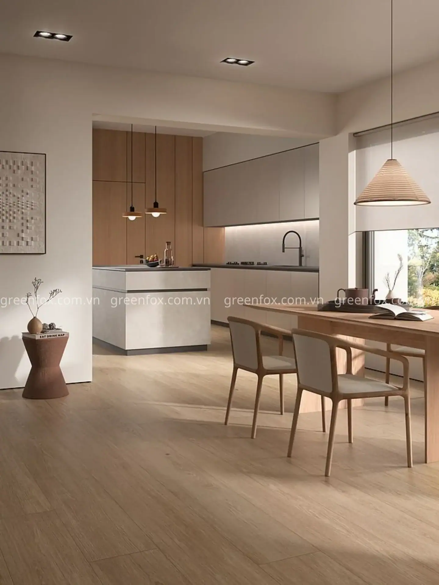 Không gian bếp hiện đại sử dụng gạch giả gỗ màu sáng tạo cảm giác nhẹ nhàng và rộng thoáng hơn.