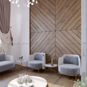 Gạch giả gỗ ốp tường họa tiết xương cá đối xứng trong phòng khách phong cách hiện đại.