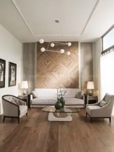 Tường phòng khách ốp gạch giả gỗ họa tiết hình học kết hợp nội thất tối giản.