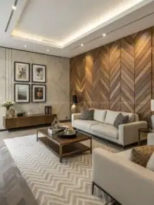 Phòng khách hiện đại với tường ốp gạch giả gỗ xương cá màu nâu sang trọng.