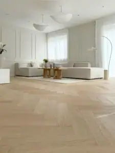 Sàn gạch giả gỗ tông màu sáng mang phong cách Scandinavian nhẹ nhàng, thanh lịch.
