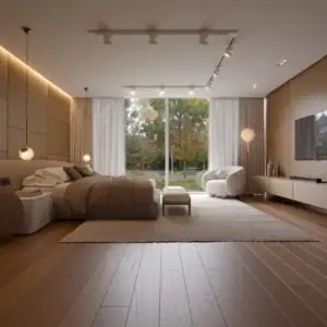 Sàn gạch giả gỗ màu nâu vân gỗ tự nhiên trong phòng ngủ hiện đại rộng rãi.