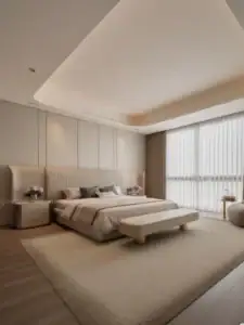 Sàn gạch giả gỗ màu nâu trầm trong phòng ngủ phong cách luxury hiện đại.