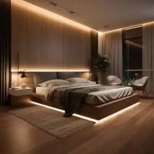 Phòng ngủ sang trọng với sàn gạch giả gỗ màu nâu đậm và ánh sáng LED hiện đại.