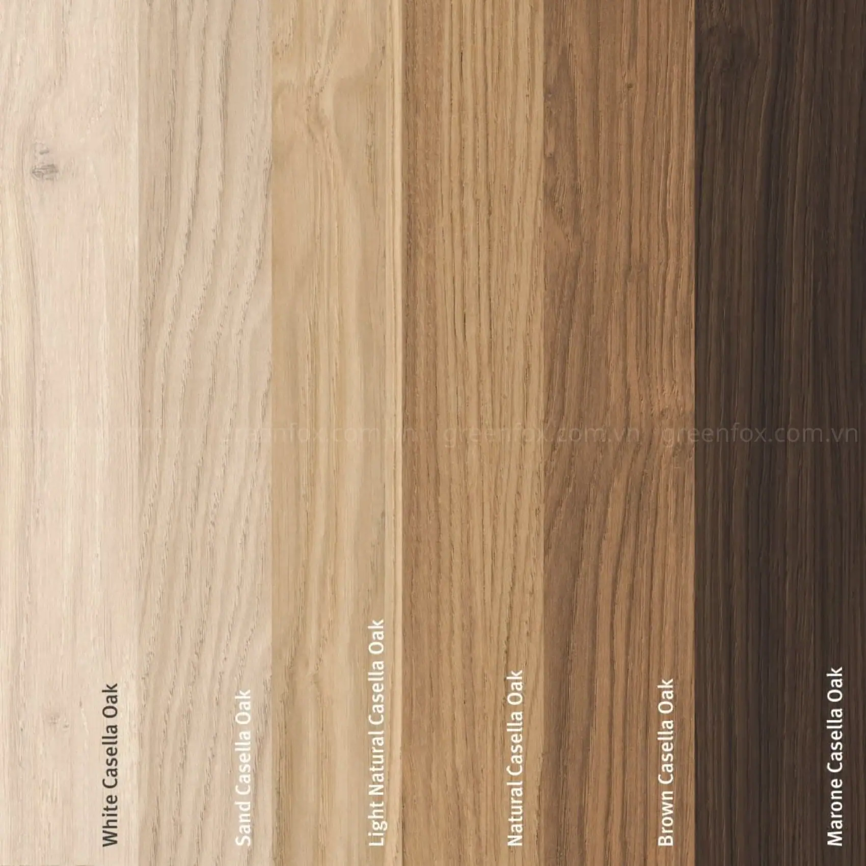 Bảng màu gạch giả gỗ cao cấp gồm White Oak, Sand Oak, Natural Oak, Brown Oak và Marone Oak cho lát nền nhà ở và công trình hiện đại.