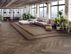 Gạch giả gỗ lát xương cá tạo chiều sâu và tăng tính thẩm mỹ cho không gian living room hiện đại.