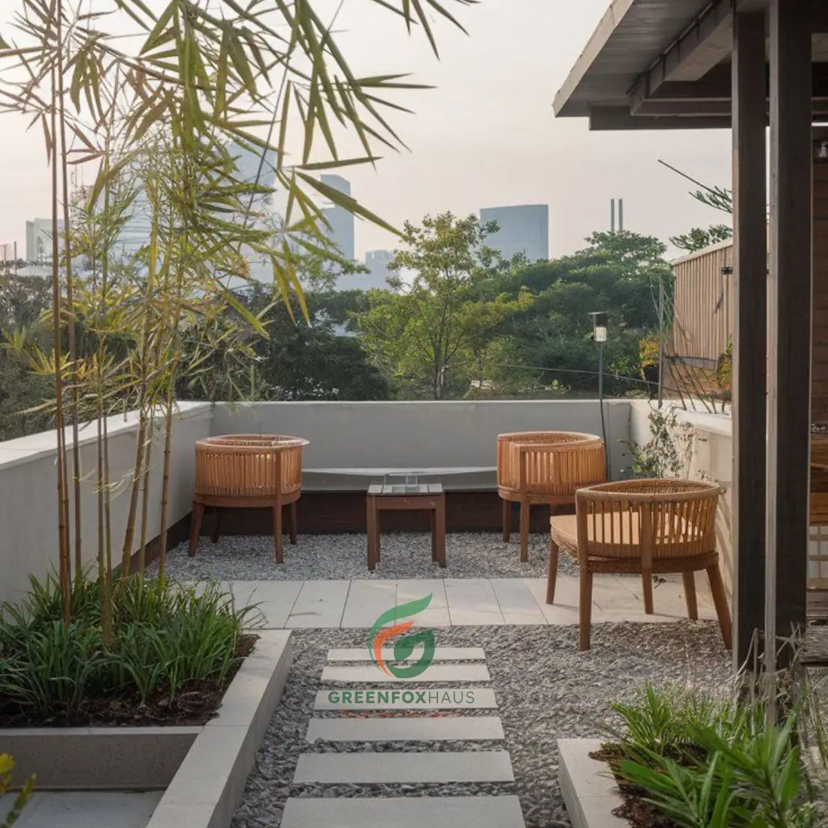 Mẫu gạch sân thượng giả sỏi kết hợp bước dạo xi măng cho khu vườn trên mái