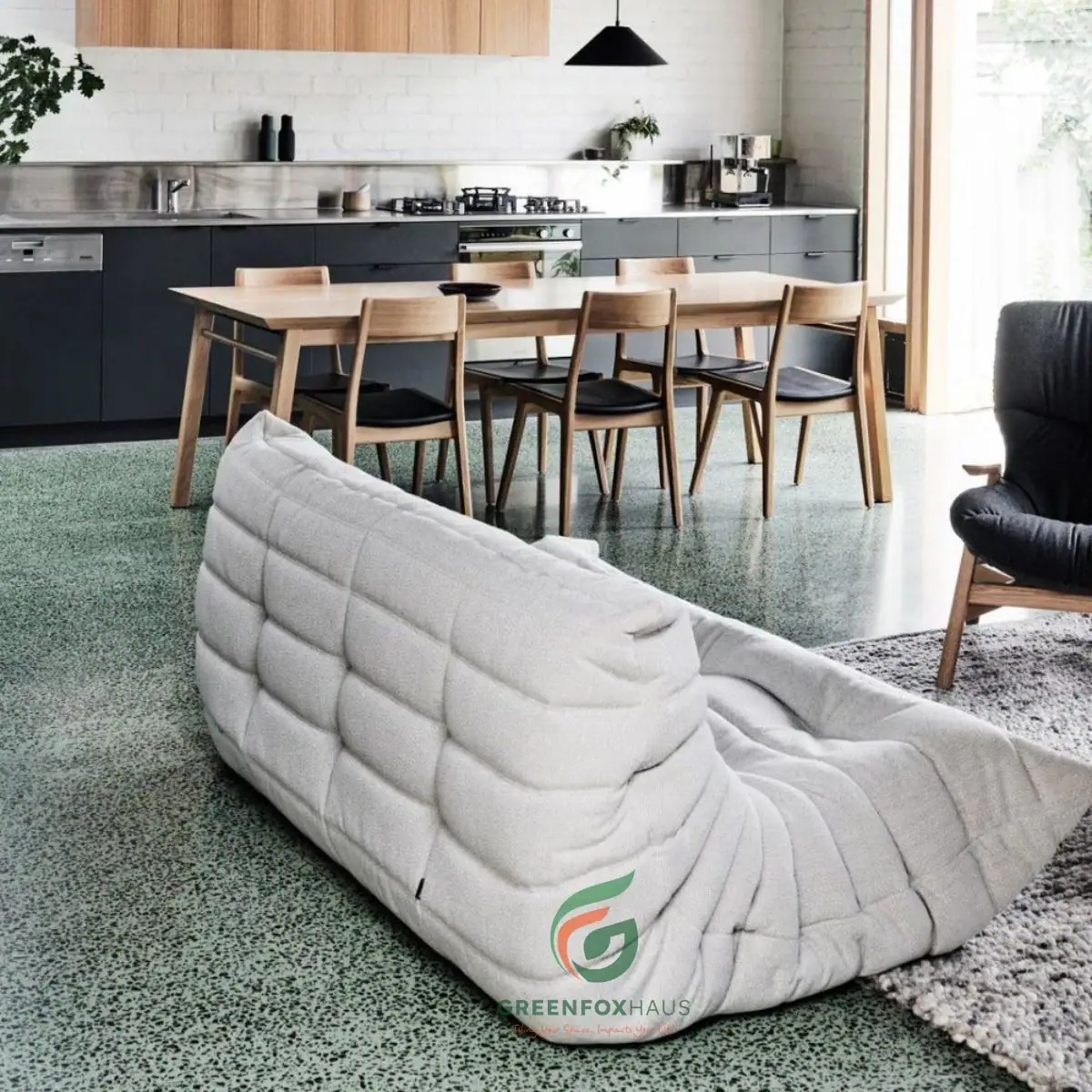 Mẫu gạch terrazzo 600x600 tông xanh xám sẫm lát nền phòng khách thông bếp phong cách Industrial